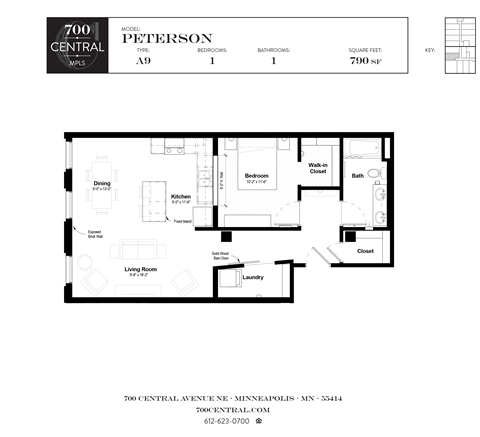 One Bed One Bath Peterson Floorplan  at 700 Central Apartments, 700 Central Avenue, Minnesota